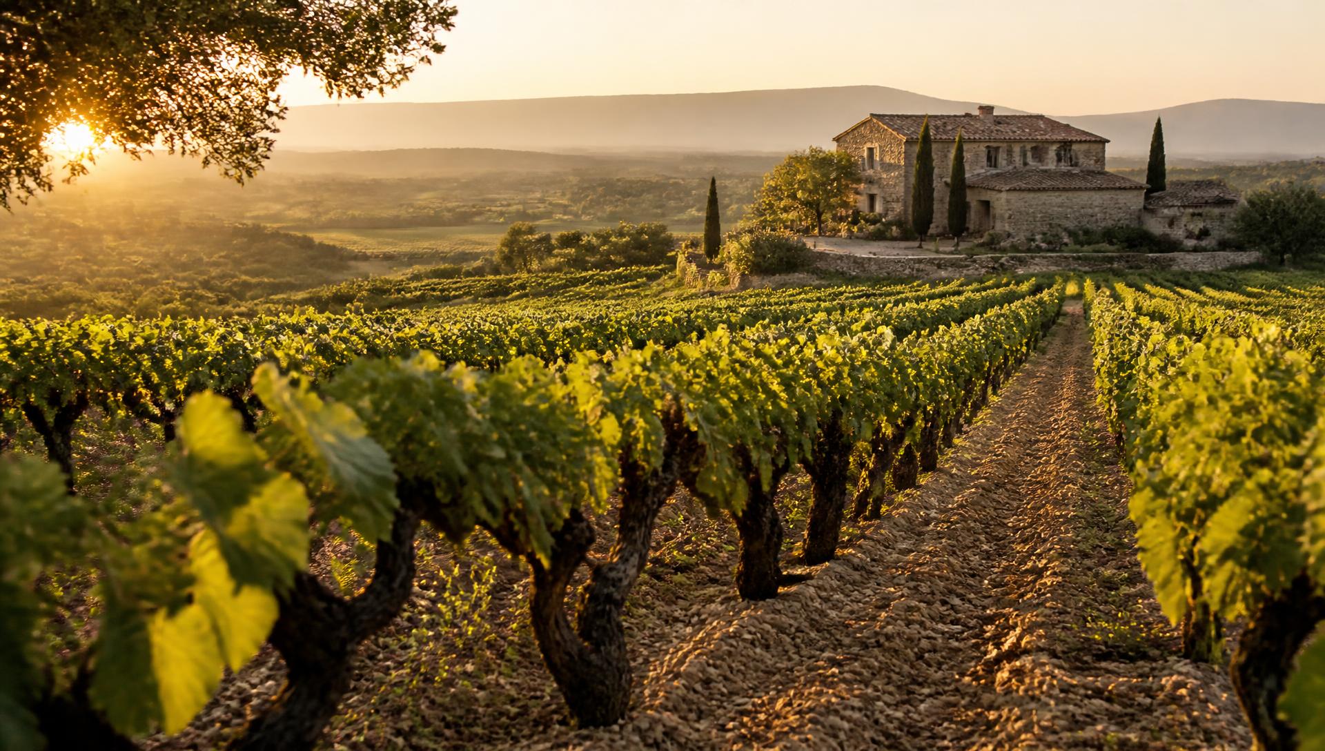 Sunlit vineyard rows in Southern France at golden hour